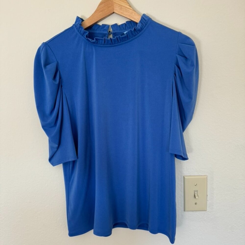 Cece Blue Ruched Shortsleeve Blouse Top with Frill neck accent, Size L